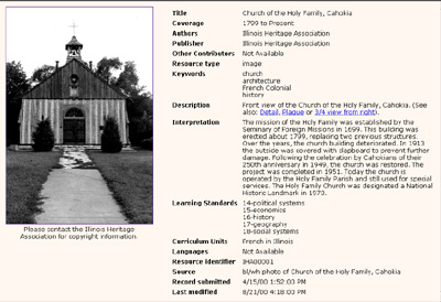 Example record from the Illinois Heritage Association.&nbsp; The fields are listed in bold type.