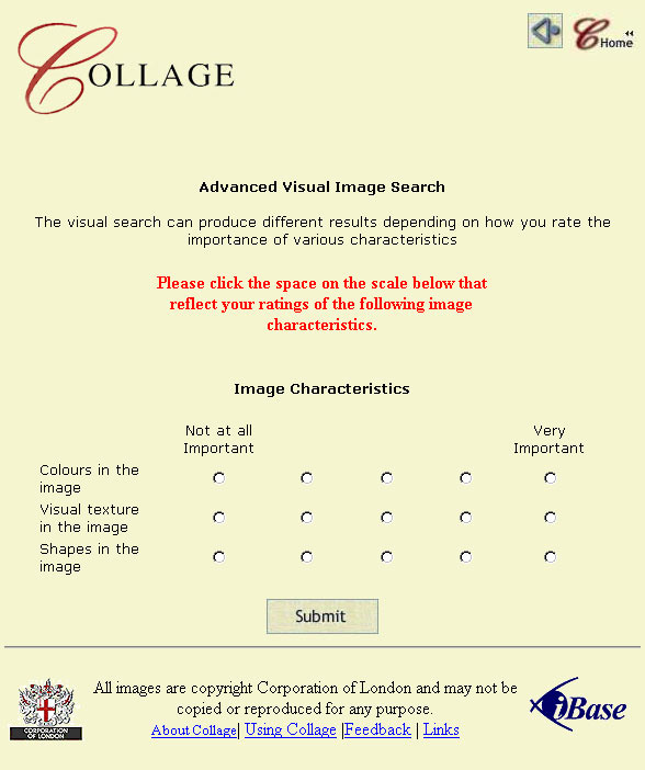 Figure 3. Parameters for the Advanced Visual Search are selected by the user who indicates their preferences regarding the importance of color, visual texture, and shape. 