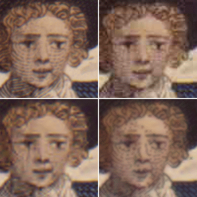 Figure 5.&nbsp; Clockwise from top left: original, JPEG, JPEG2000, and MRC.&nbsp; Images are compressed at 40:1 compression ratio.