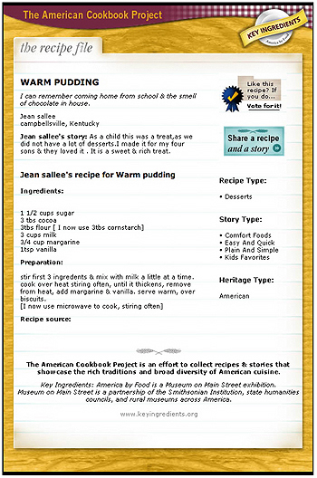 Joan Salee's recipe for Warm Pudding