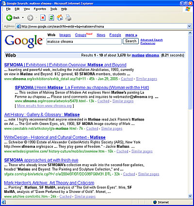 Screen Shot: Google indexes SFMOMA pages