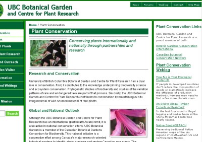 Fig. 1: The Plant Conservation Page of the UBC Botanical Garden and Centre for Plant Research displaying embedded RSS feed http://www.ubcbotanicalgarden.org/conservation/