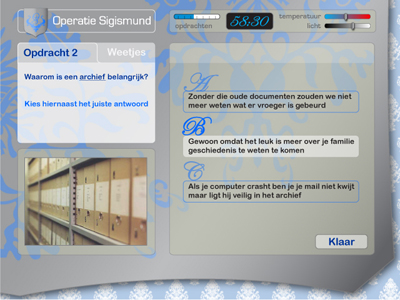 Fig 17 : Design for the interface of the Digital Archivist. The Digital Archivist is the computer-based system that steers all pupils&rsquo; actions throughout the game.