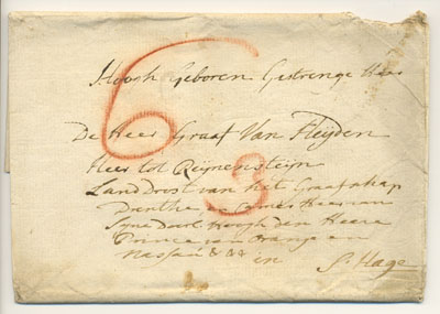 Fig 4 : Record from Sigismund&rsquo;s personal archive: envelope folded from paper as was customary in the second half of the 18th century. The letter has been sent to Sigismund&rsquo;s private residence; all Sigismund titles are used in the address but there&rsquo;s no physical location mentioned.